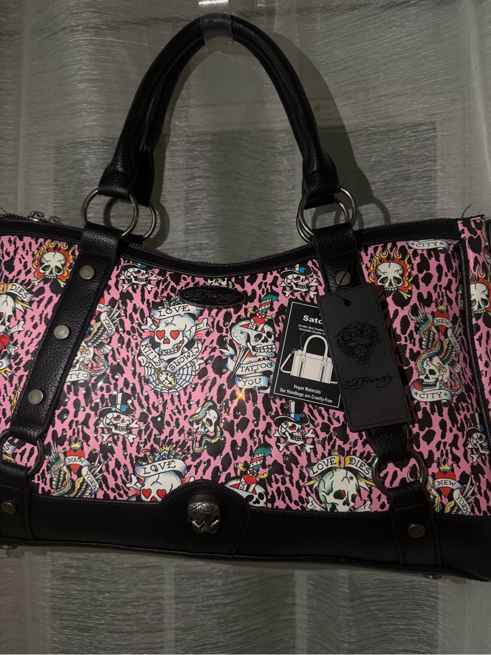 Ed Hardy Pink Tattoo-Print Tote with Black Trim